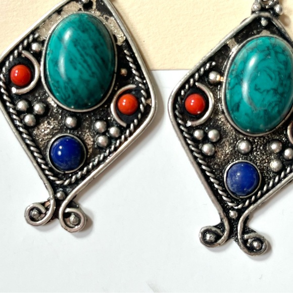 nwot! • boho statement dangling engraved earrings red turquoise blue stones - Picture 4 of 9